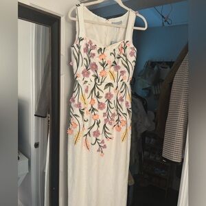 ANTONIO MELANI White Midi Dress with Pink and Orange Floral Embroidery